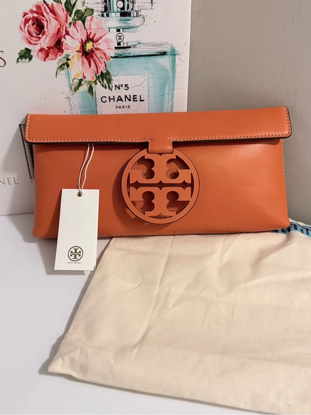 Tory Burch Orange Leather Logo Clutch